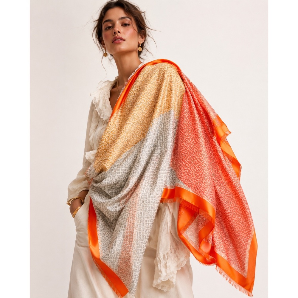Colorblock Geometric Square Scarf Orange Neon Border Retro Maximalist Boho OS